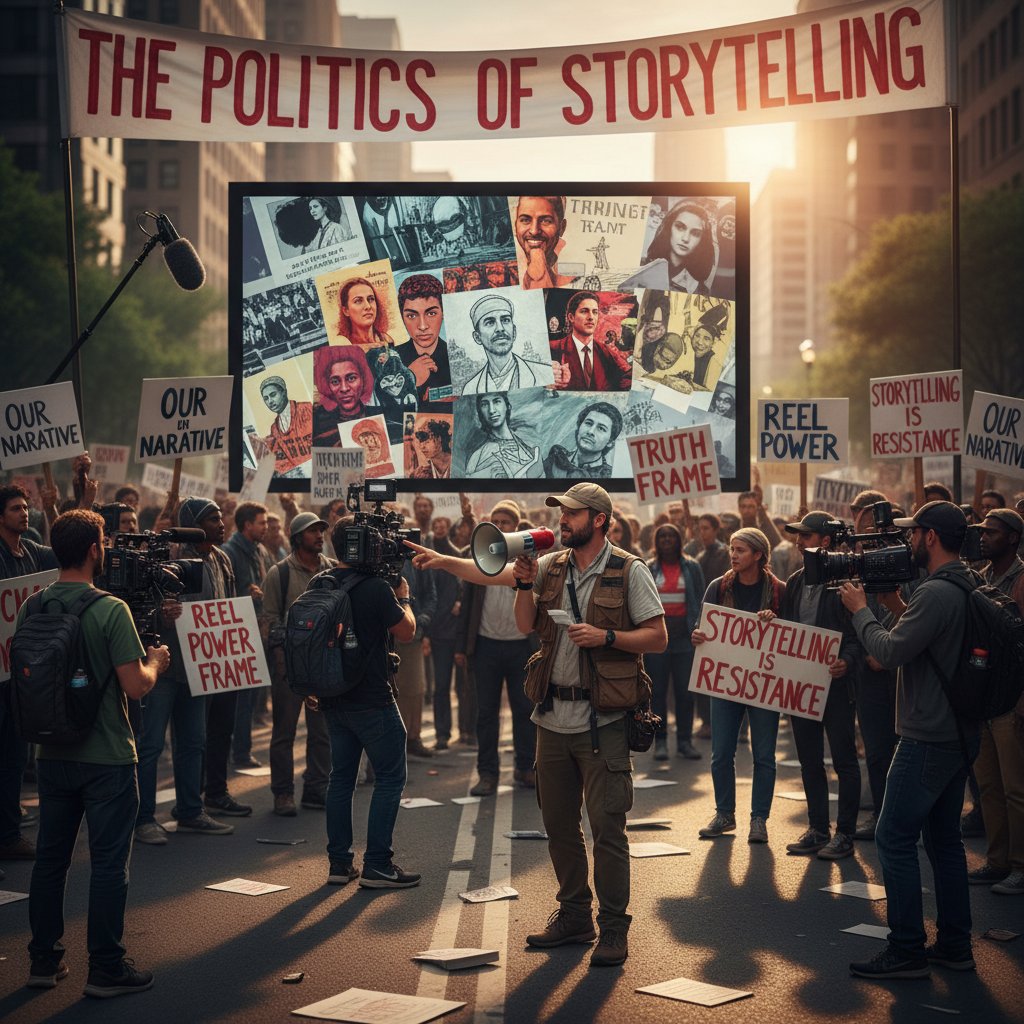 A staged photo showing a director guiding actors in a tense protest scene, symbolizing control over protest narratives in resistance movies