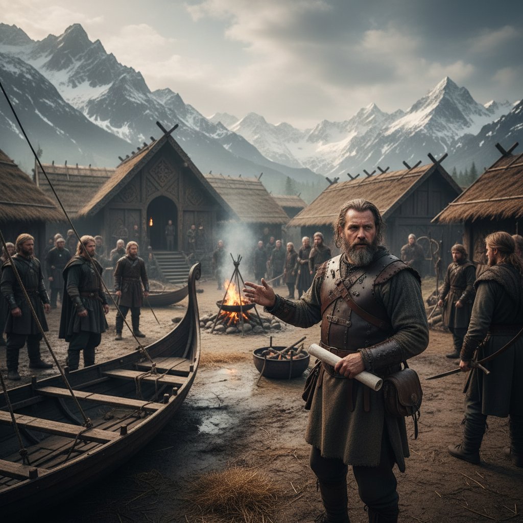 Behind-the-scenes photo of a director consulting with a historian on a viking movie set, focused, natural light