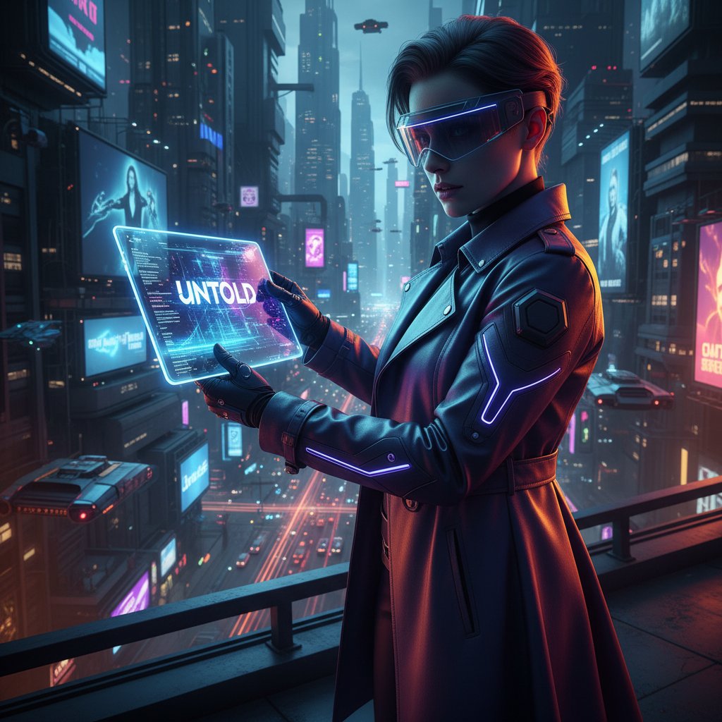 Futuristic teaser photo of a director holding a script titled 'Untold,' evoking anticipation and an edgy mood