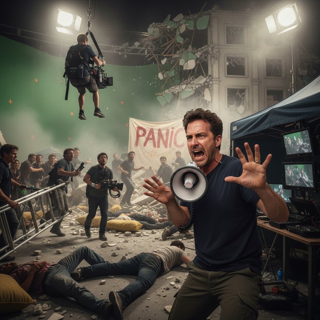 Movie director intensely reviewing tense scene with cast, panic movie making