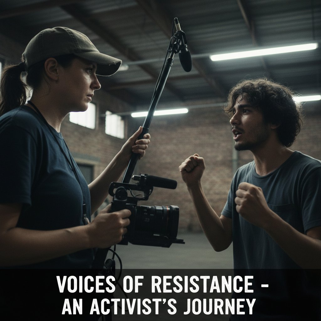 Director interviewing activist under harsh lighting, documentary style, ethics of filmmaking, activism movies