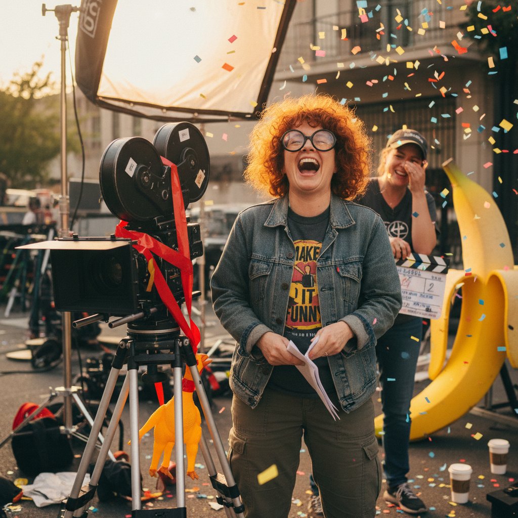 Director laughing with actors after a comic film set mishap, camera crew capturing the moment