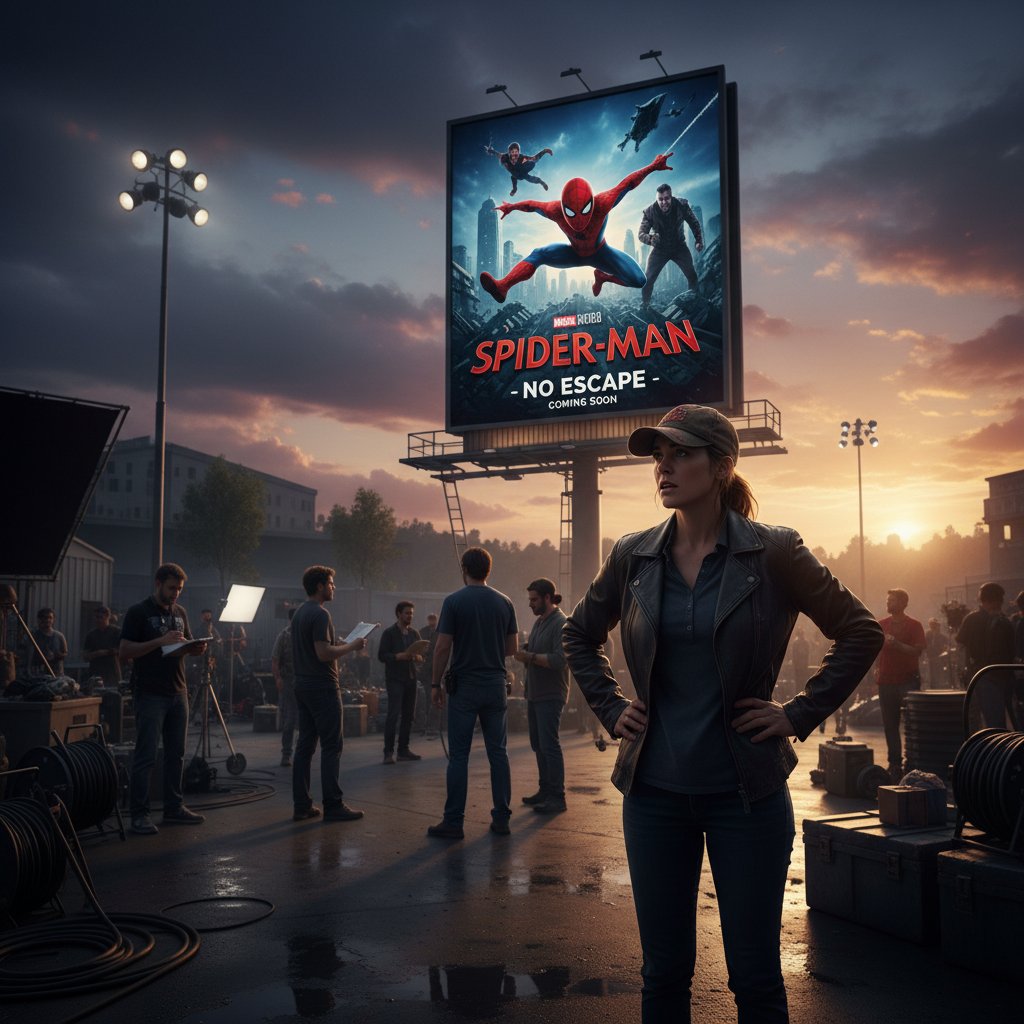 Jon Watts walking past a Spider-Man billboard at Marvel Studios, signaling his big break