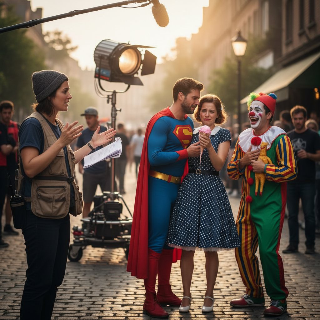 Film director guides actors through a serious comedic moment on set, balancing humor and emotion