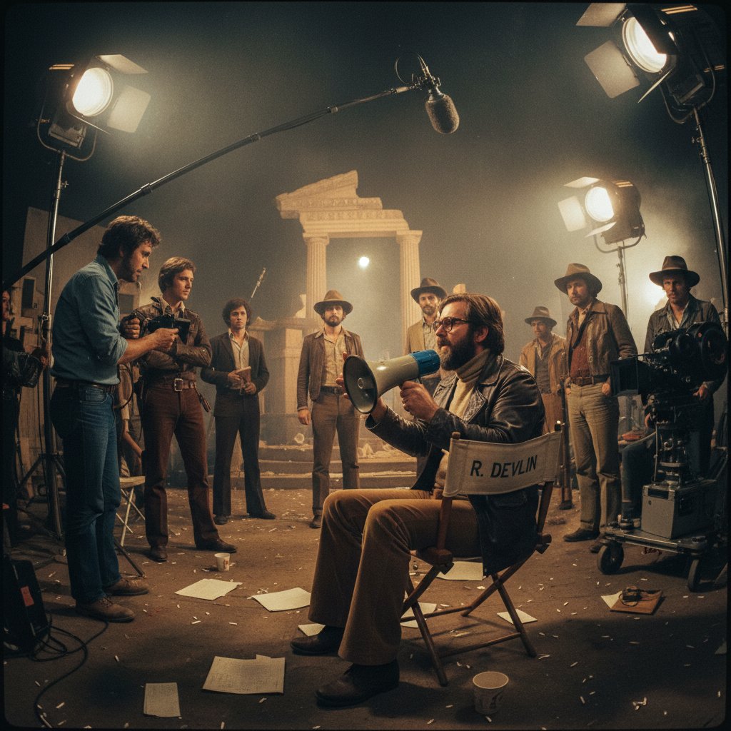 Director on set mid-instruction, dramatic atmosphere, 1970s film grain, 16:9