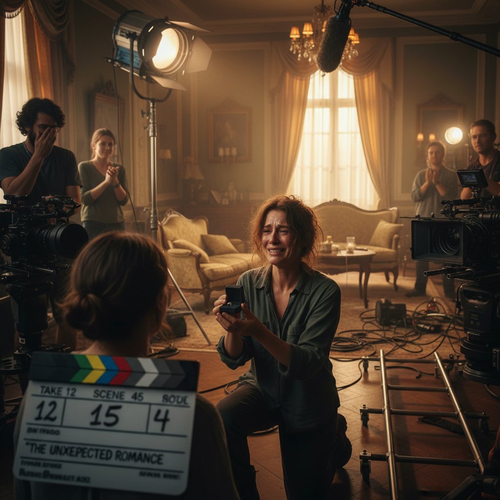 Director guiding actors through an emotional movie proposal scene on set