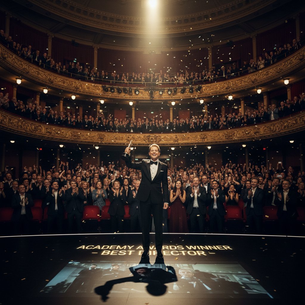 Director on stage after winning at a film festival, the crowd in awe, spotlight on the moment