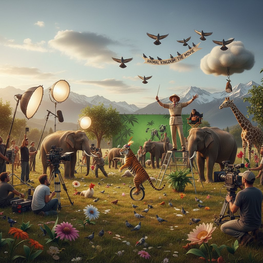 Behind-the-scenes view of a staged animal scene, revealing the line between fiction and reality