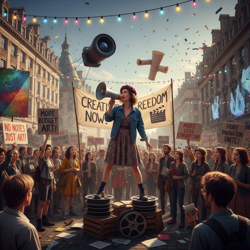 Director figure leading a creative protest with a megaphone at a rally, bold symbolic image