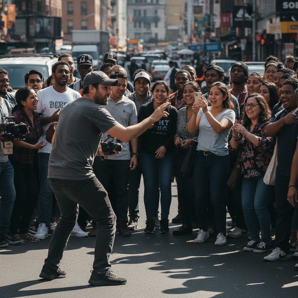 Director engaging with real crowd during guerrilla shoot, capturing spontaneous reactions