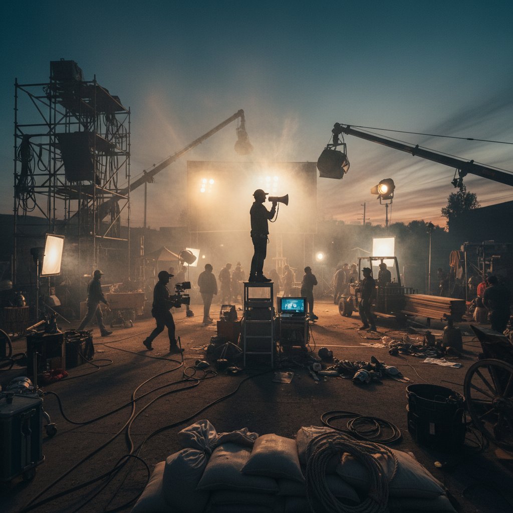 Alejandro González Iñárritu directing a complex scene, creative turmoil with film crew and actor, night set