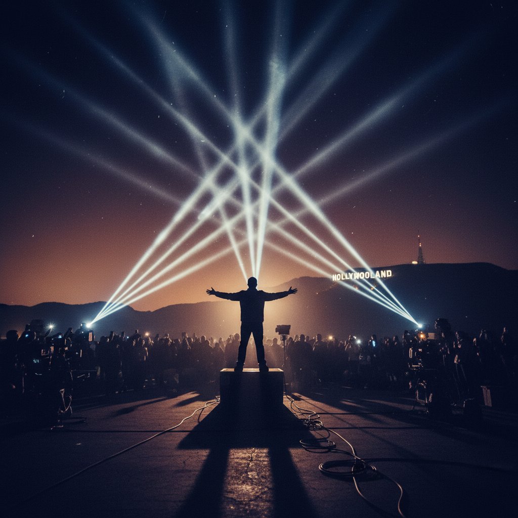 Shadowy silhouette of director, evoking Orson Welles’ enigmatic legacy