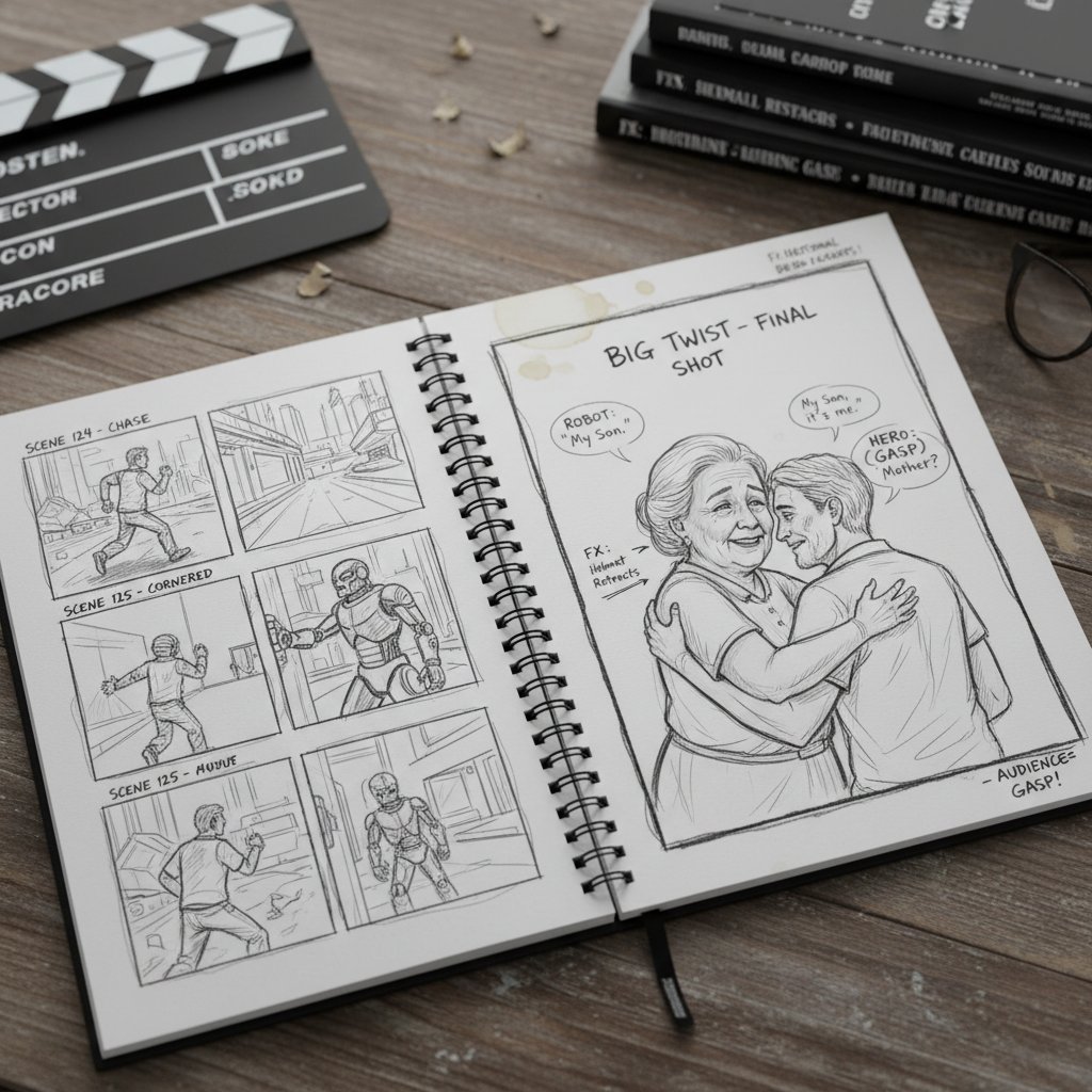 Storyboard for a surprise movie ending, director's sketchbook with annotated frames and handwritten notes