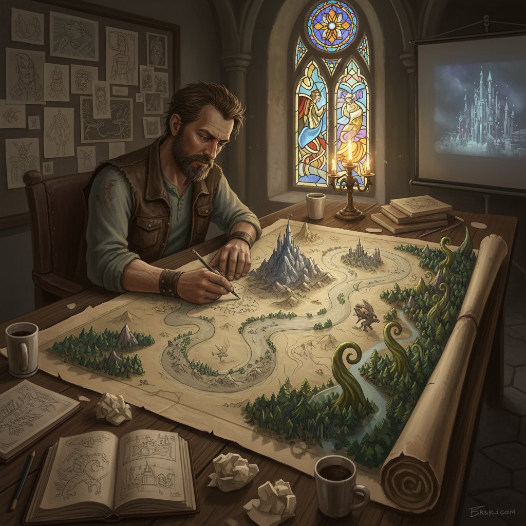 Director creating a fantasy movie world map with detailed artistry and sketches