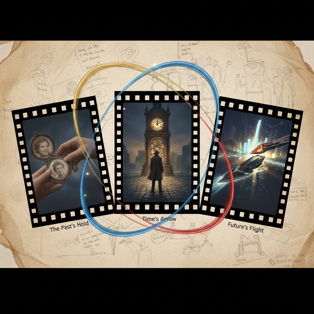 A director’s storyboard with three bold, interlocking arcs sketched in marker, symbolizing triptych movie narrative planning