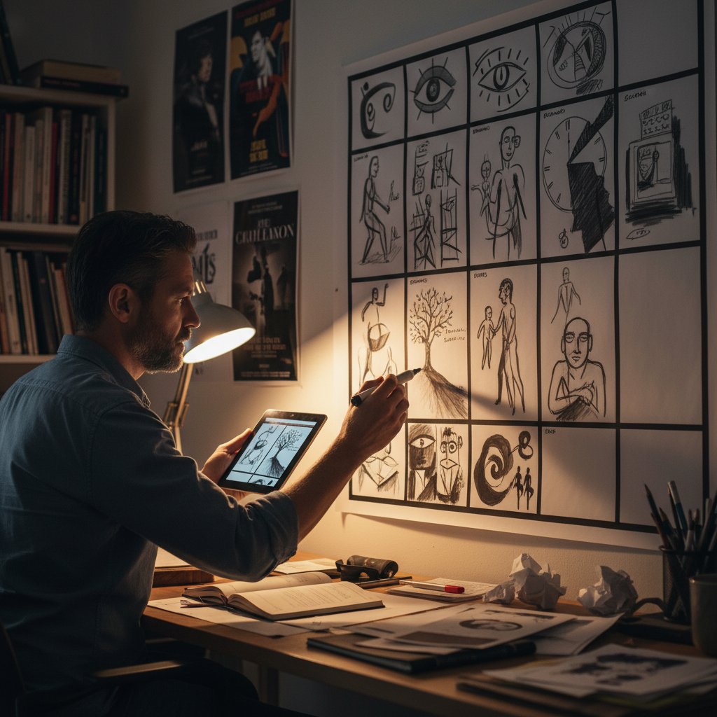 Director storyboarding with symbolic sketches, storyboard pinned on a wall