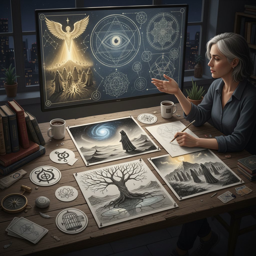 Filmmaker planning visual metaphors, director at work, movie spiritual journey