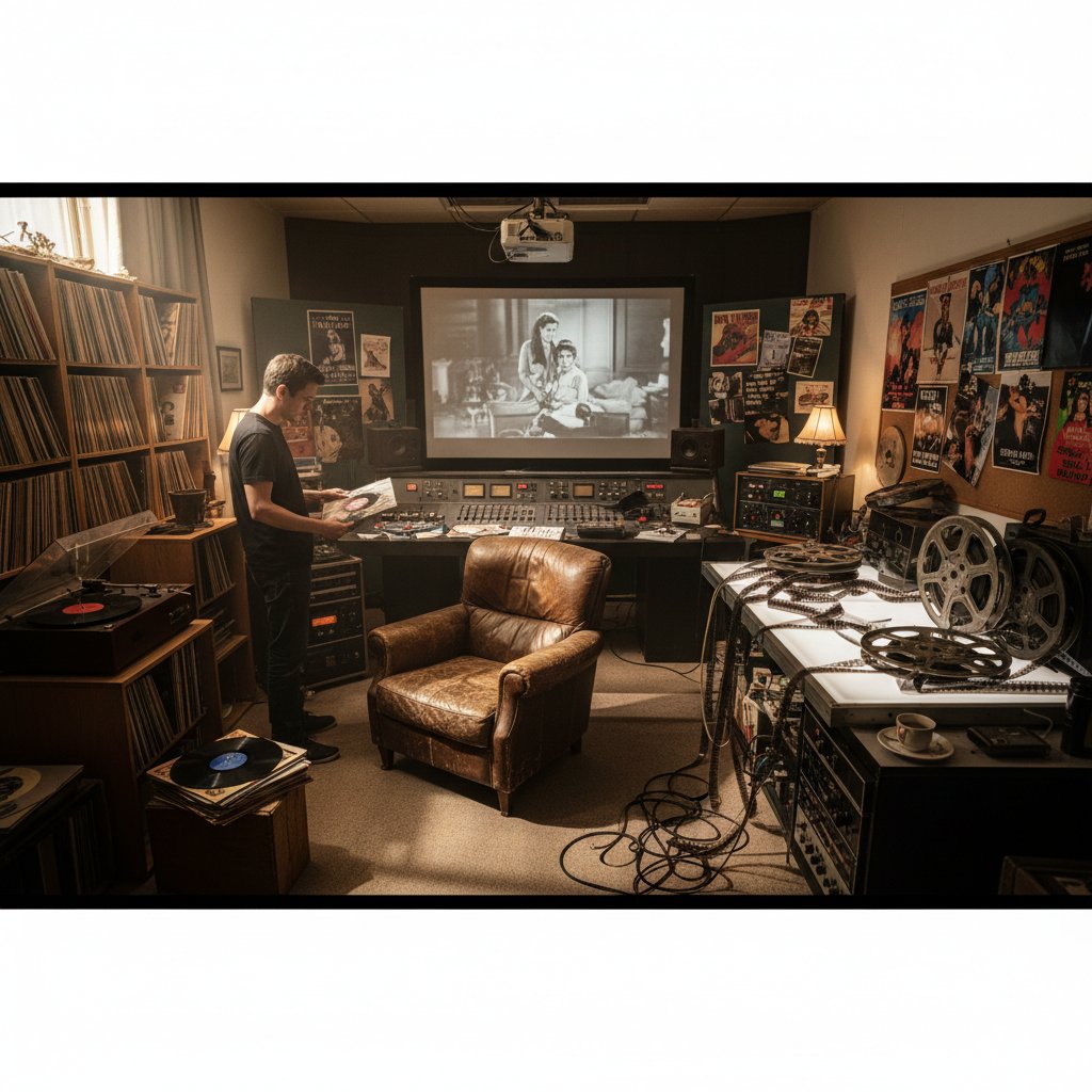 Director at work in studio, surrounded by vinyl and film reels, focused on music selection