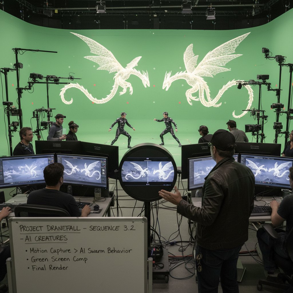 A film director working with a visual effects team, AI-generated magical creatures on screens, green screens and motion capture suits