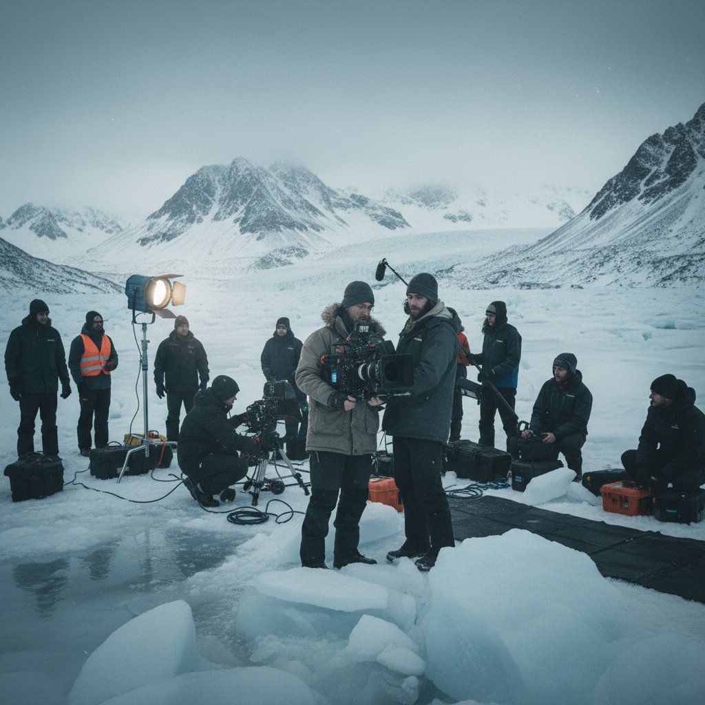 Director and camera crew in icy fjord, cinematic Scandinavian landscape