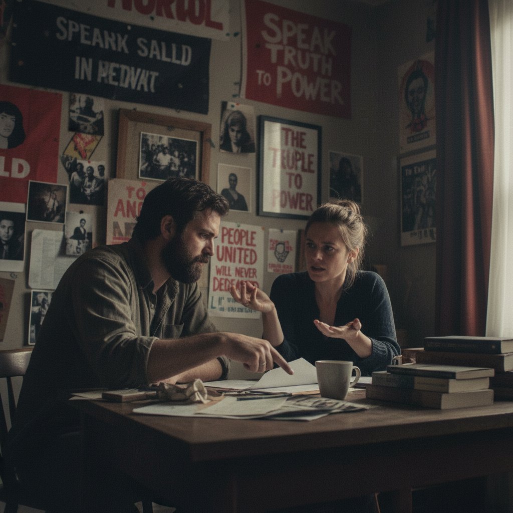 Director and writer debating over script with protest memorabilia, gritty documentary style
