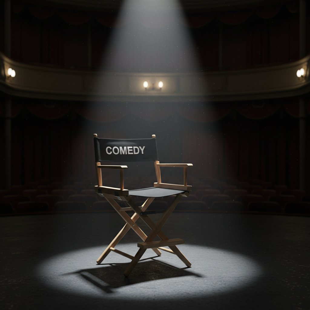 Director's chair labeled COMEDY in dramatic lighting