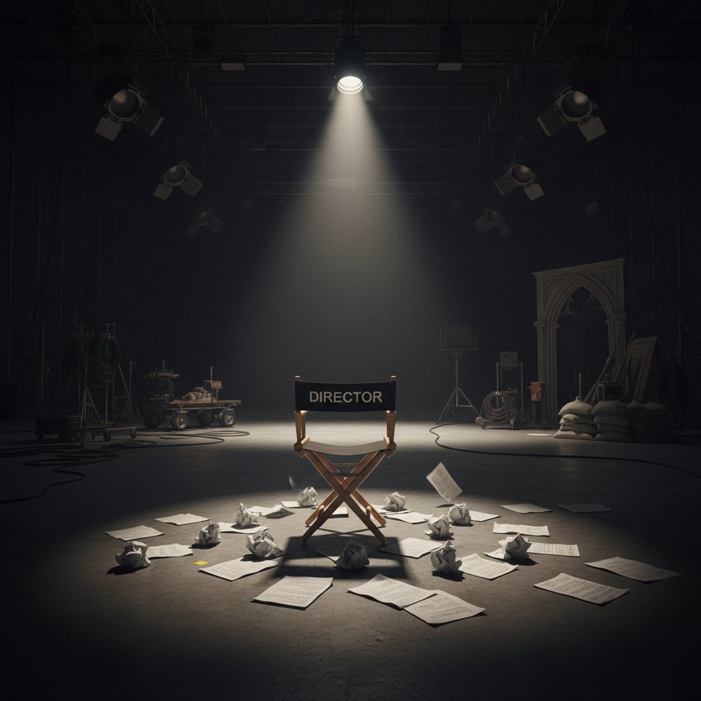 A director’s chair and scripts on an empty comedy film set, symbolizing wasted creative effort in a movie wasted potential comedy