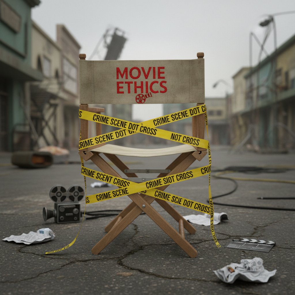 Film director’s chair in front of police tape, representing ethical dilemmas