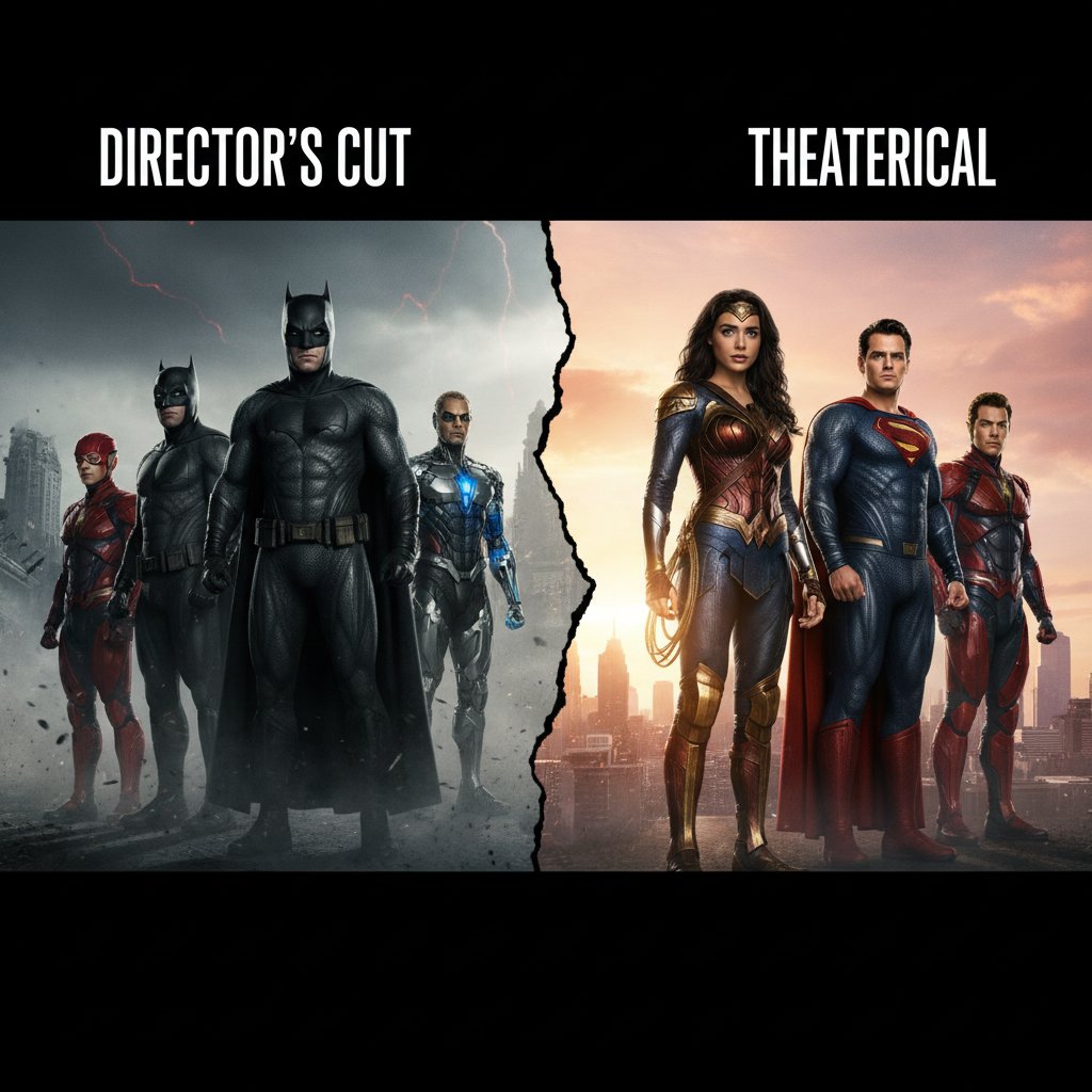 Dramatic split-screen showing differences between theatrical and director’s cut scenes, highlighting color and atmosphere