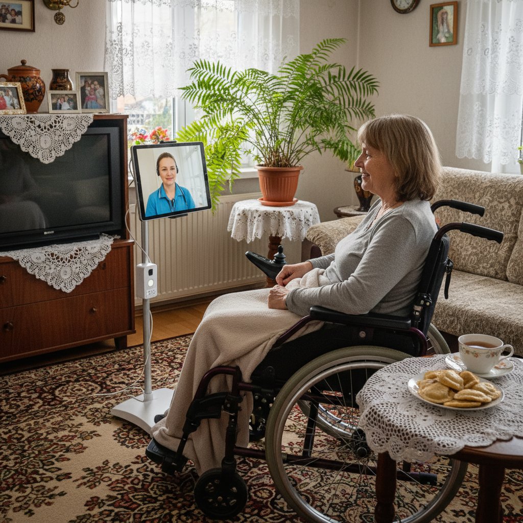 Osoba niepełnosprawna korzystająca z teleopieki w typowym mieszkaniu w Polsce