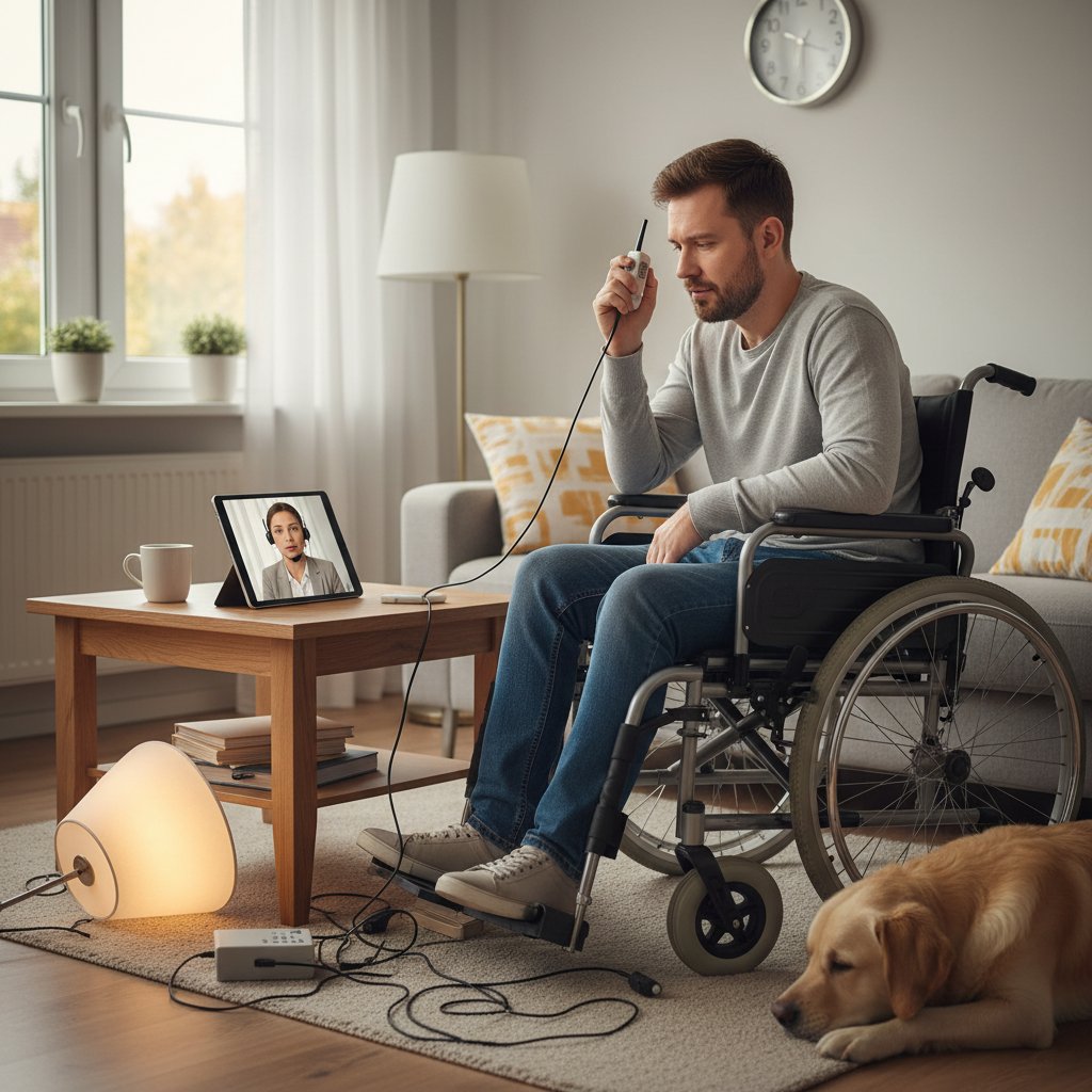 Osoba niepełnosprawna w Polsce rozmawiająca z operatorem teleopieki po upadku w domu
