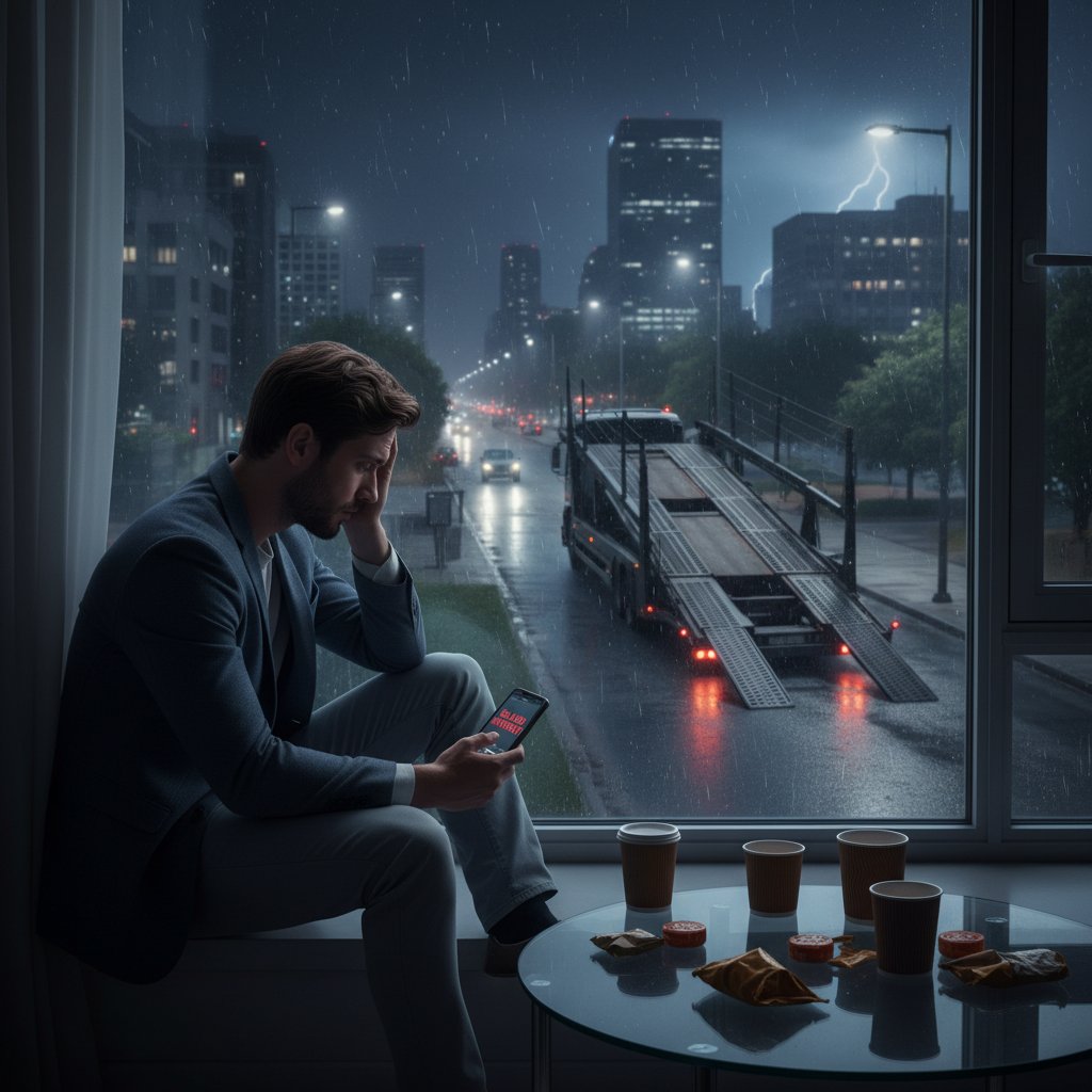 Disappointed online car buyer waiting for delivery in urban apartment, conveying online buying delays