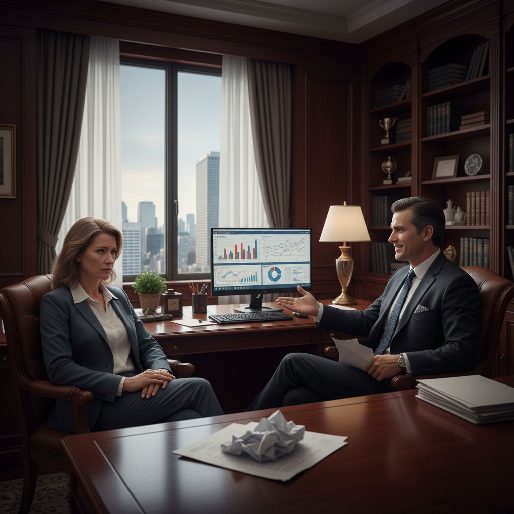 Rozczarowany klient patrzący na nieuczciwego doradcę w biurze, atmosfera napięcia