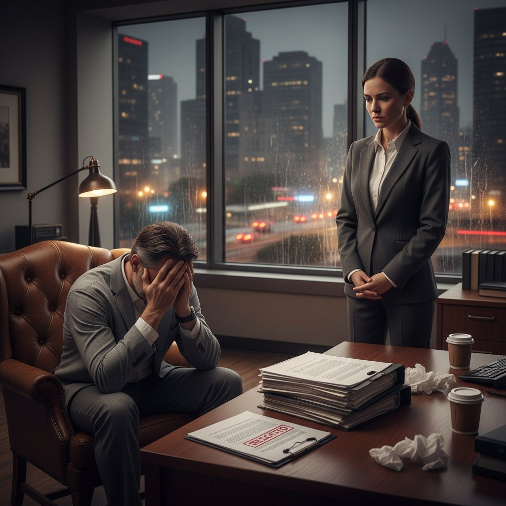 Zmartwiony klient po nieudanej taniej konsultacji prawnej, biuro, wieczorna pora