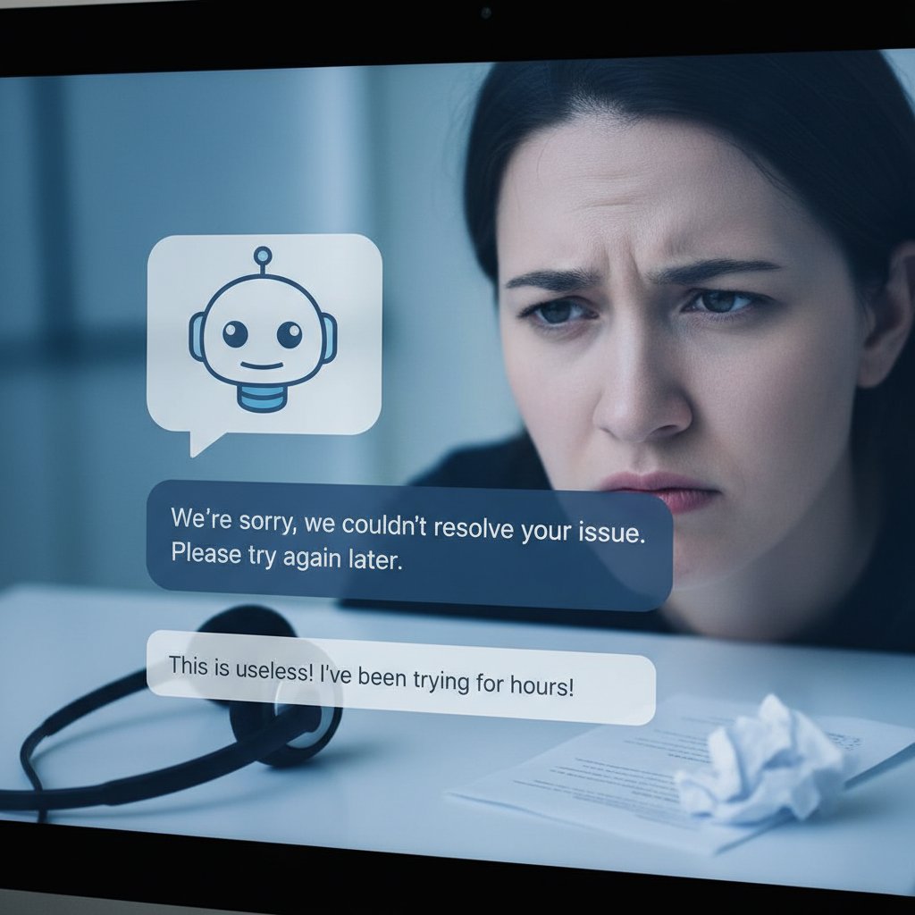 Zawiedziony klient patrzący na ekran z powtarzającą się, automatyczną odpowiedzią chatbota