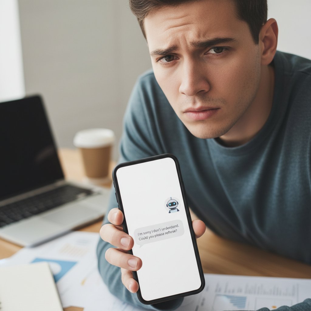 Rozczarowany klient korzystający z chatbota na smartfonie