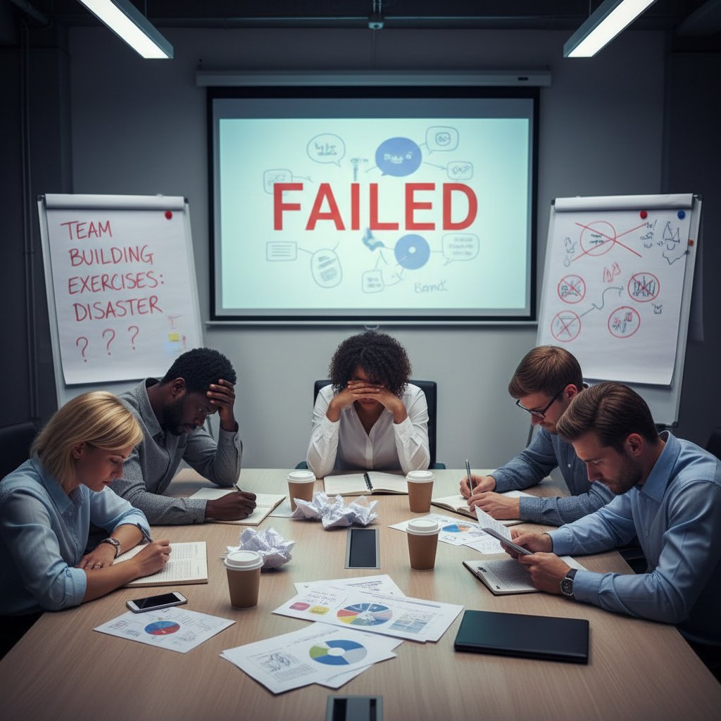 Zespół dyskutujący po nieudanym szkoleniu, rozczarowanie na twarzach