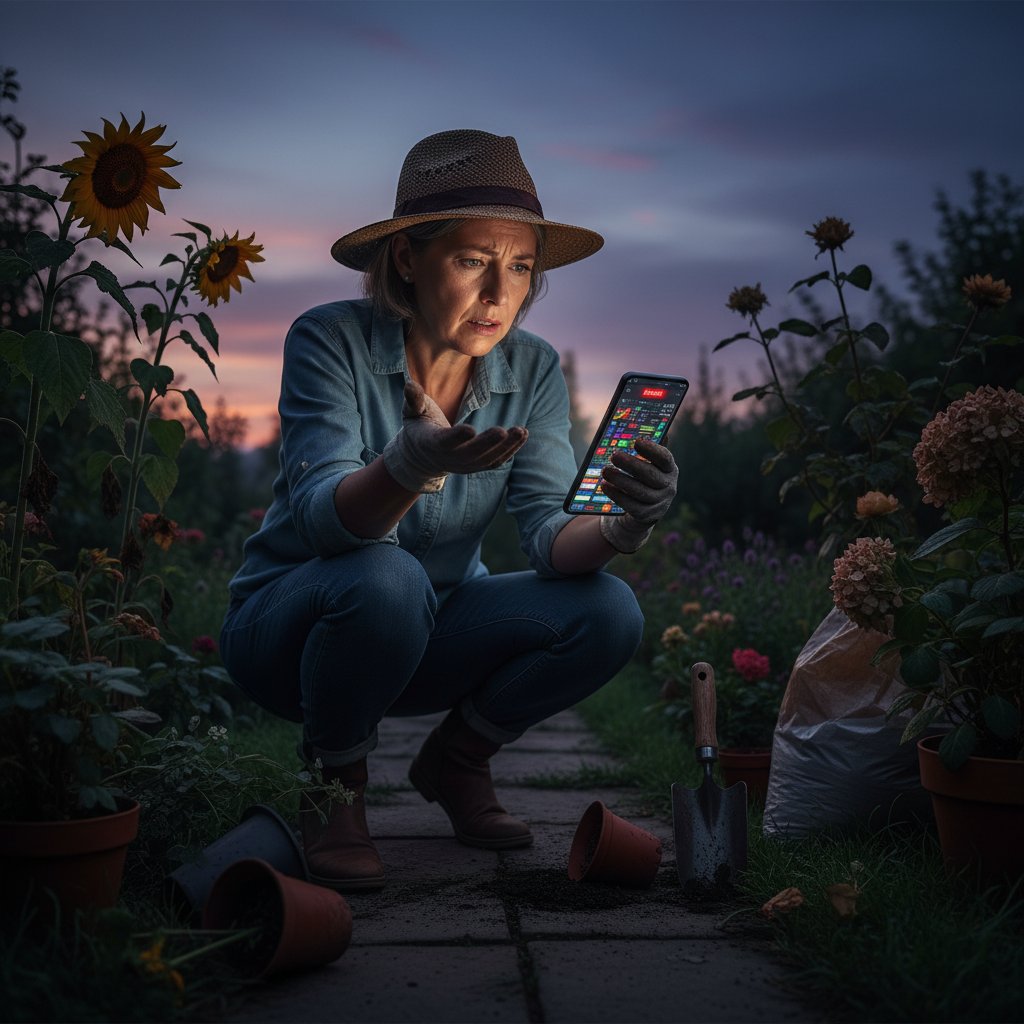 Zaskoczony ogrodnik przy automatycznym panelu sterowania