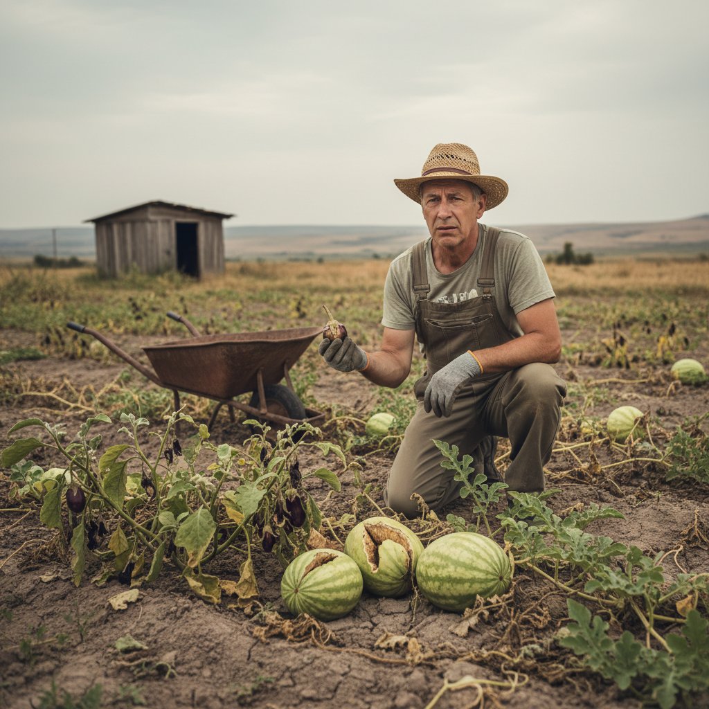 Niezadowolony ogrodnik z nieudanymi plonami bakłażana i arbuza