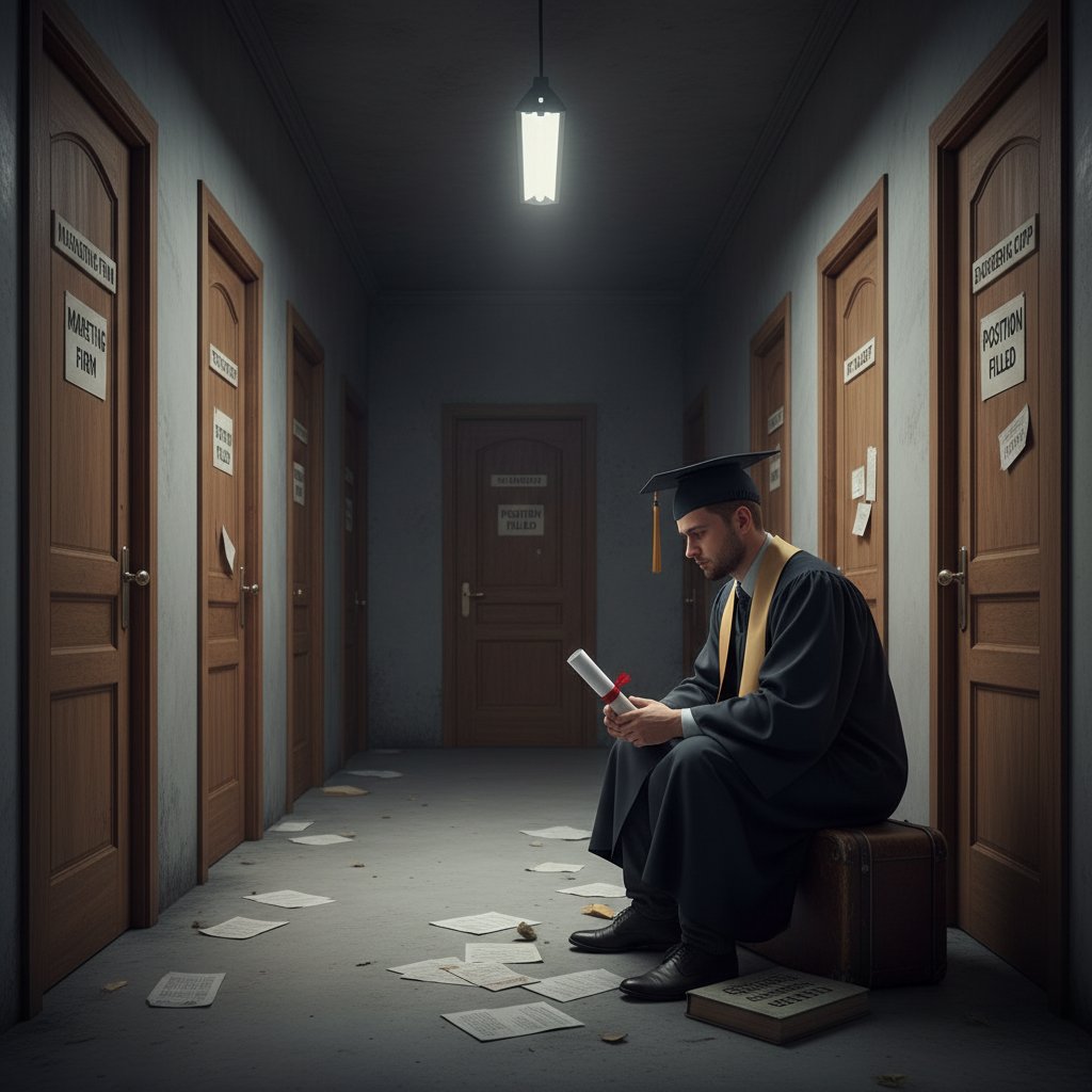 Rozczarowany absolwent z CV na tle zamkniętych drzwi do pracy