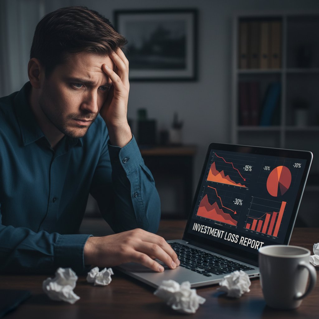 Osoba rozczarowana przed laptopem patrząca na wykresy strat inwestycyjnych