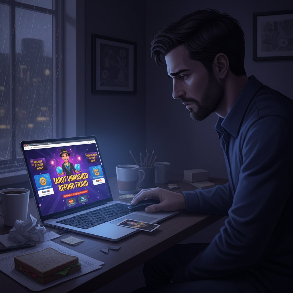 Enttäuschter Mann mit Laptop, dunkle Stimmung, Symbol für Betrug beim Online Kartenlegen