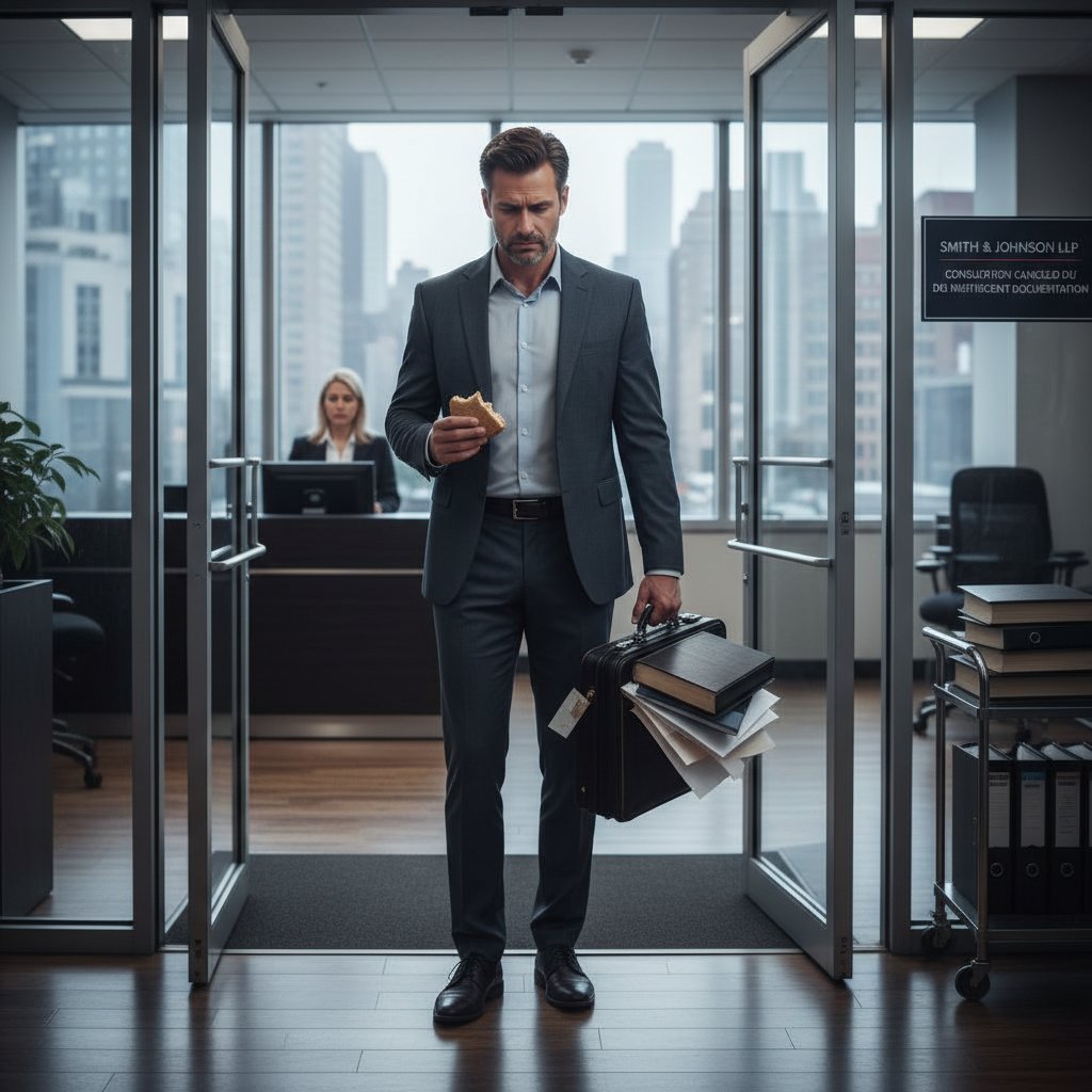 Mężczyzna opuszczający kancelarię rozczarowany, słowa kluczowe: rozmowa z prawnikiem, błąd przygotowania