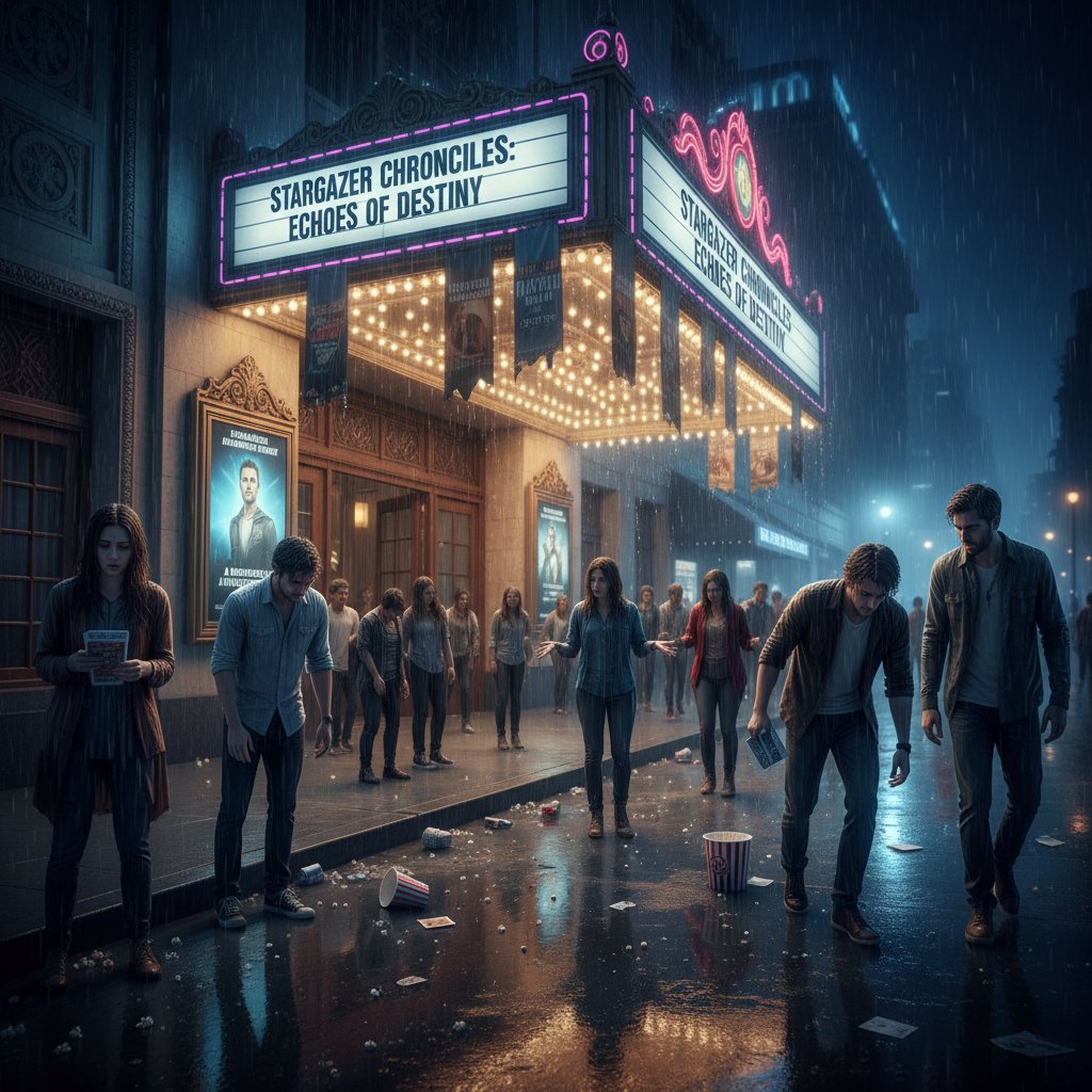 Disappointed moviegoers leaving a theater in the rain, visually representing unfulfilled sequel setups