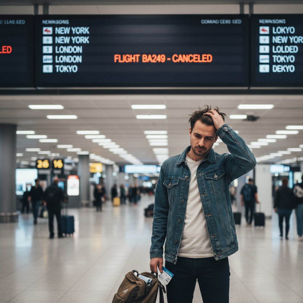 Pasażerka z rezygnacją patrząca na tablicę odlotów, rozczarowana po przegranej sprawie