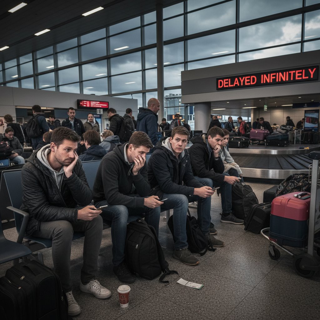 Grupa podróżnych z rezygnacją opuszczająca halę przylotów – ilustracja psychologii rezygnacji wśród pasażerów