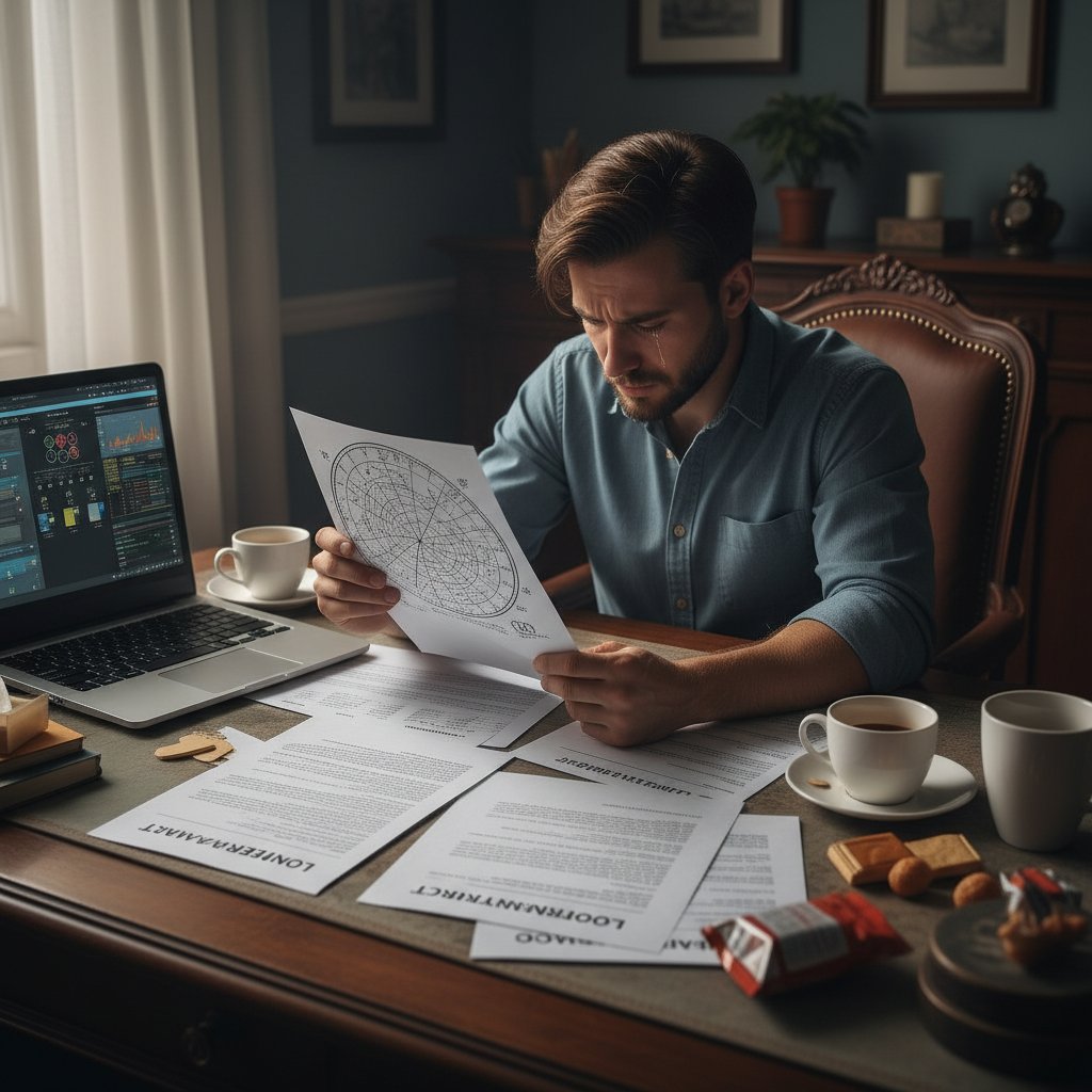 Osoba rozczarowana patrząca na wykres astrologiczny i dokumenty decyzji