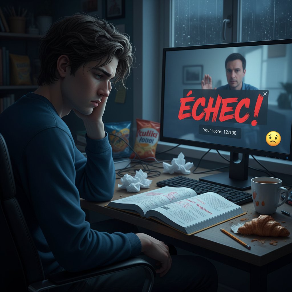 Osoba rozczarowana siedząca przed komputerem po nieudanej lekcji francuskiego online