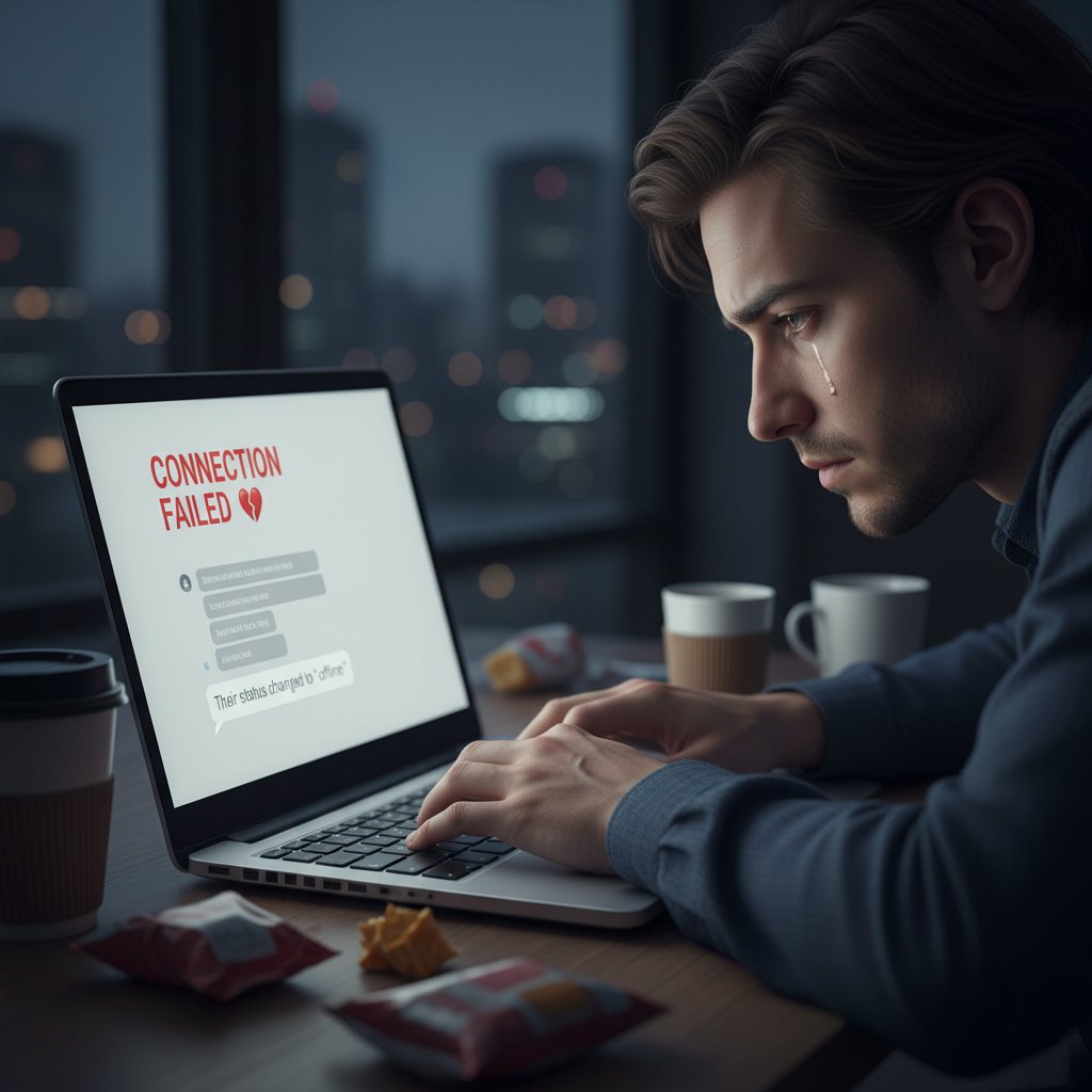 Osoba rozczarowana przed laptopem po nieudanej rozmowie online