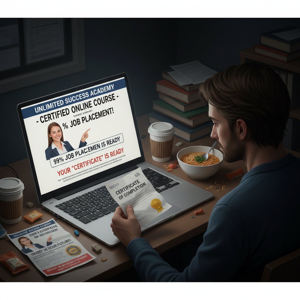 Młoda osoba rozczarowana kursem online, widoczny ekran komputera z reklamą kursu